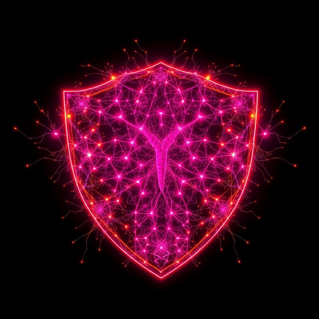 Glowing neural network shield representing protection from toxic workplace stress